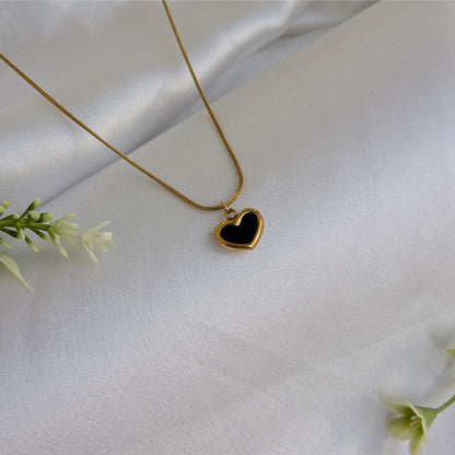 Gold Plated Black Enamelled Heart Pendant With Beaded Chain For Girls & Women