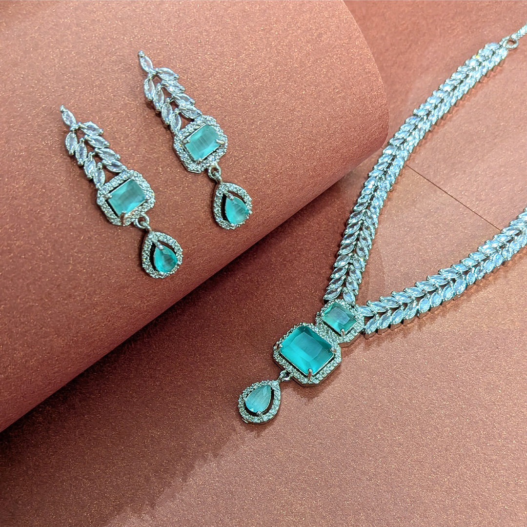 AD Luxe Square & Teardrop Gemstone Necklace With Matching Earrings For Women
