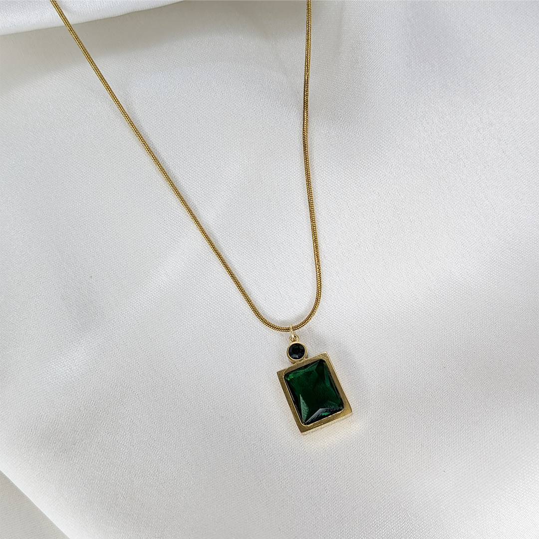 Gold Tone Emerald Green Square Pendant with Round Crystal Accent
