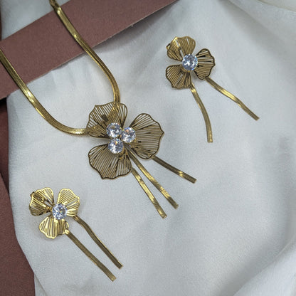Gold Plated Radiant Flower Crystal Pendant & Earring Set for Women
