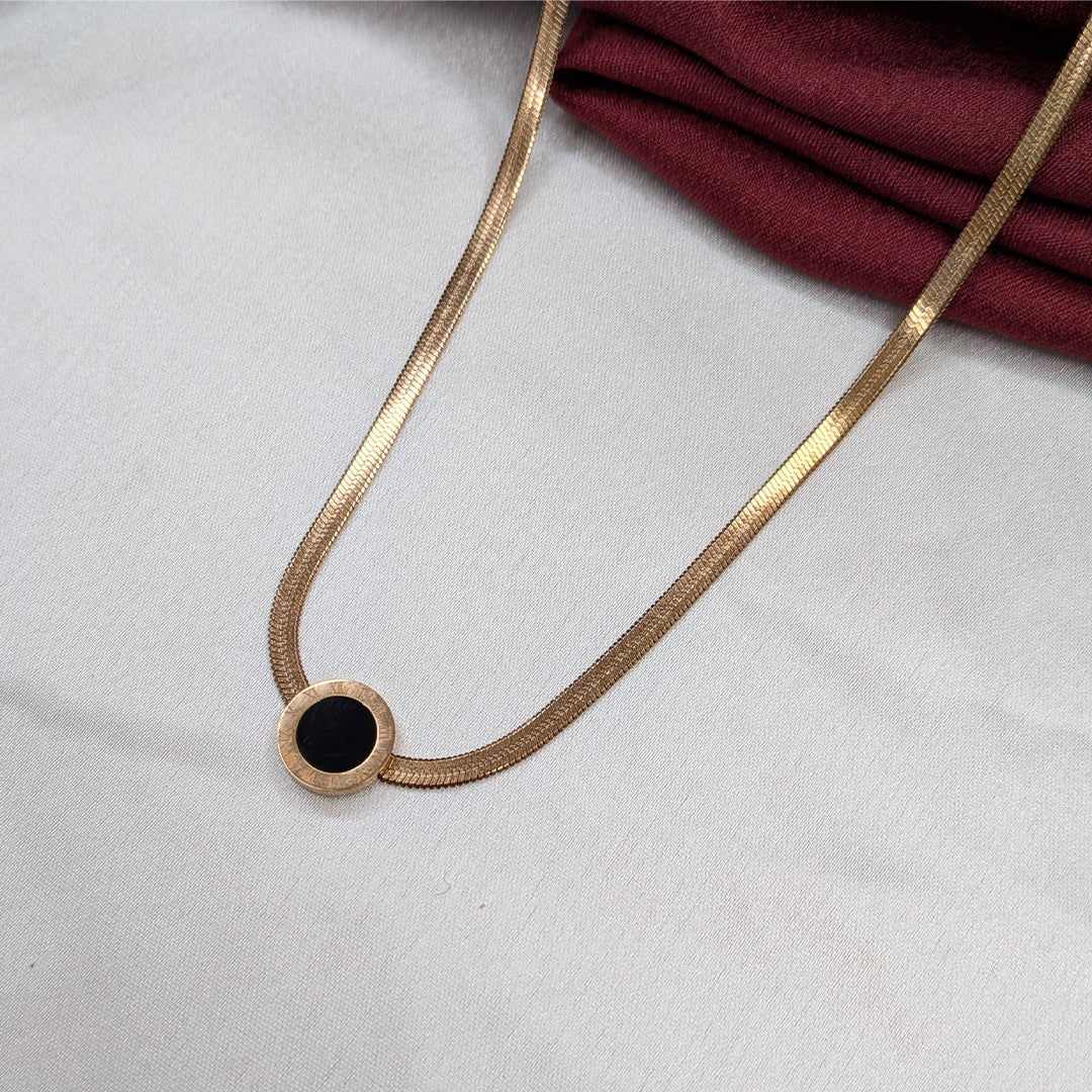 Premium Gold Plated Black Enamel Roman Circle Pendant For Girls & Women