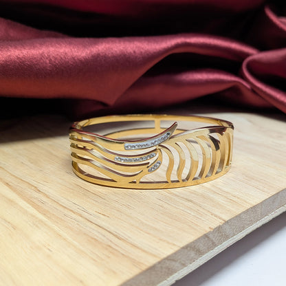 Gold Plated Leaf Design Open Cuff Bracelet with AD Stones for Women & Girls