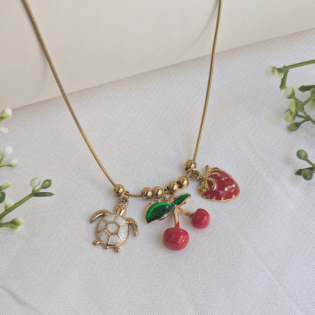 Gold Plated Cute Turtle, Cherry & Strawberry Charm Pendant For Girls & Women