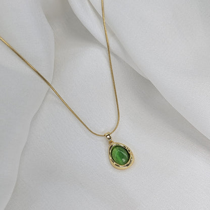 Gold Finish Green Oval Center Crystal Pendant For Girls & Women