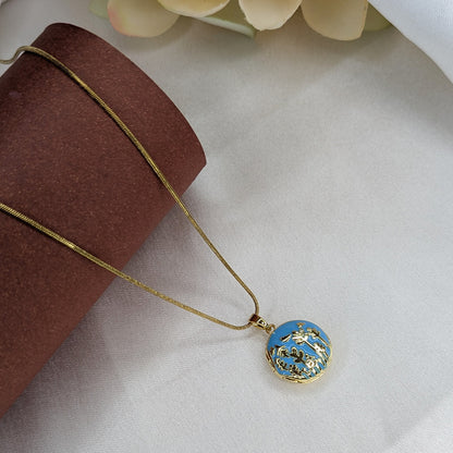 Gold Finish Openable Blue Enamel Botanical Pendant For Girls & Women