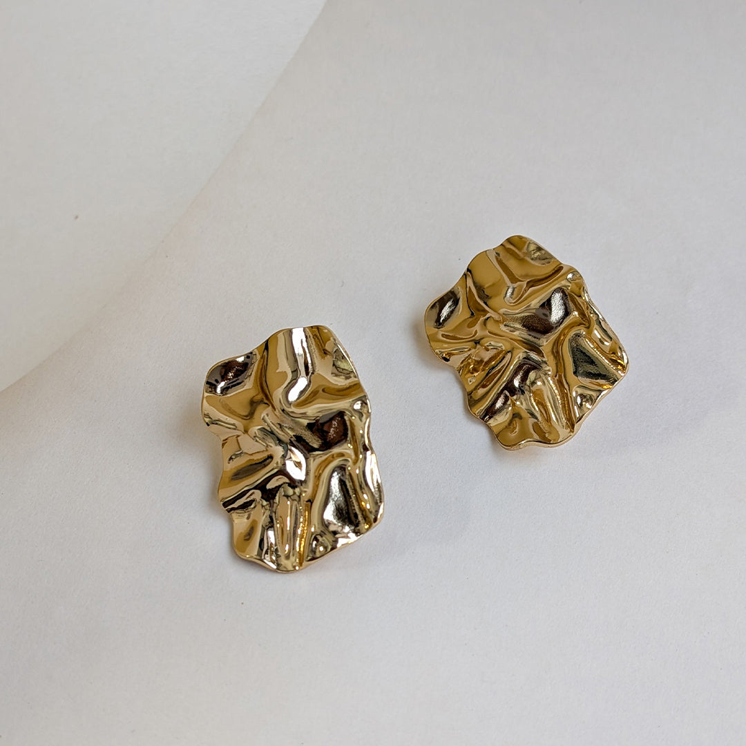 Gold Finish Crumpled Abstract Textured Stud Earrings For Girls & Women (Anti Tarnish)