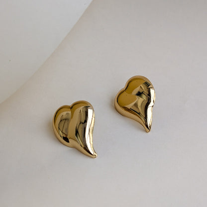 Gold Tone Puffy Heart Stud Earrings For Girls & Women (Anti-Tarnish)