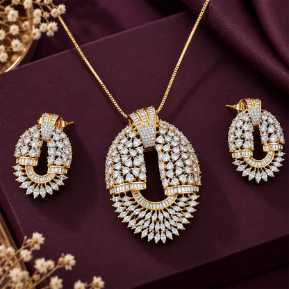 Dual Tone Infinity CZ Stone Studded Oval Necklace Set for Girls & Women's