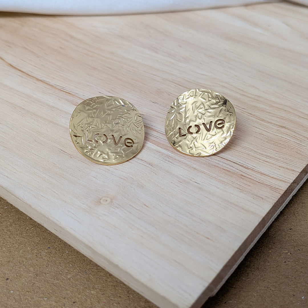 Love Engraved Textured Gold Tone Stud Earrings For Girls & Women (Anti Tarnish)