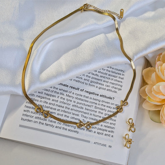 Gold Finish Bow Charm Necklace With Earnings For Girls & Women