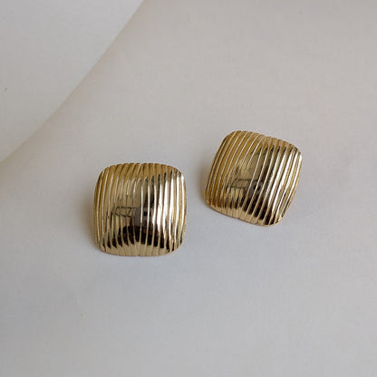 Textured Gold Tone Ribbed Square Earrings For Girls & Women (Anti-Tarnish)