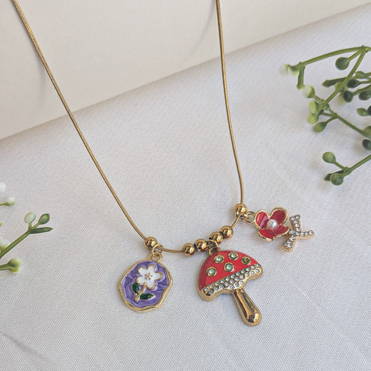 Gold Plated Enamel Mushroom, Floral & Pearl Charm Pendant For Girls & Women