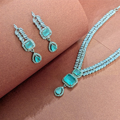 AD Luxe Square & Teardrop Gemstone Necklace With Matching Earrings For Women