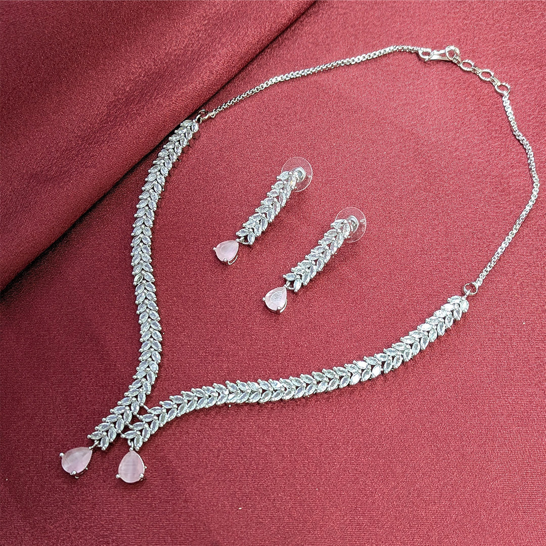 Silver Finish Leaf Design AD Teardrop Stones Necklace Set for Girls & Women