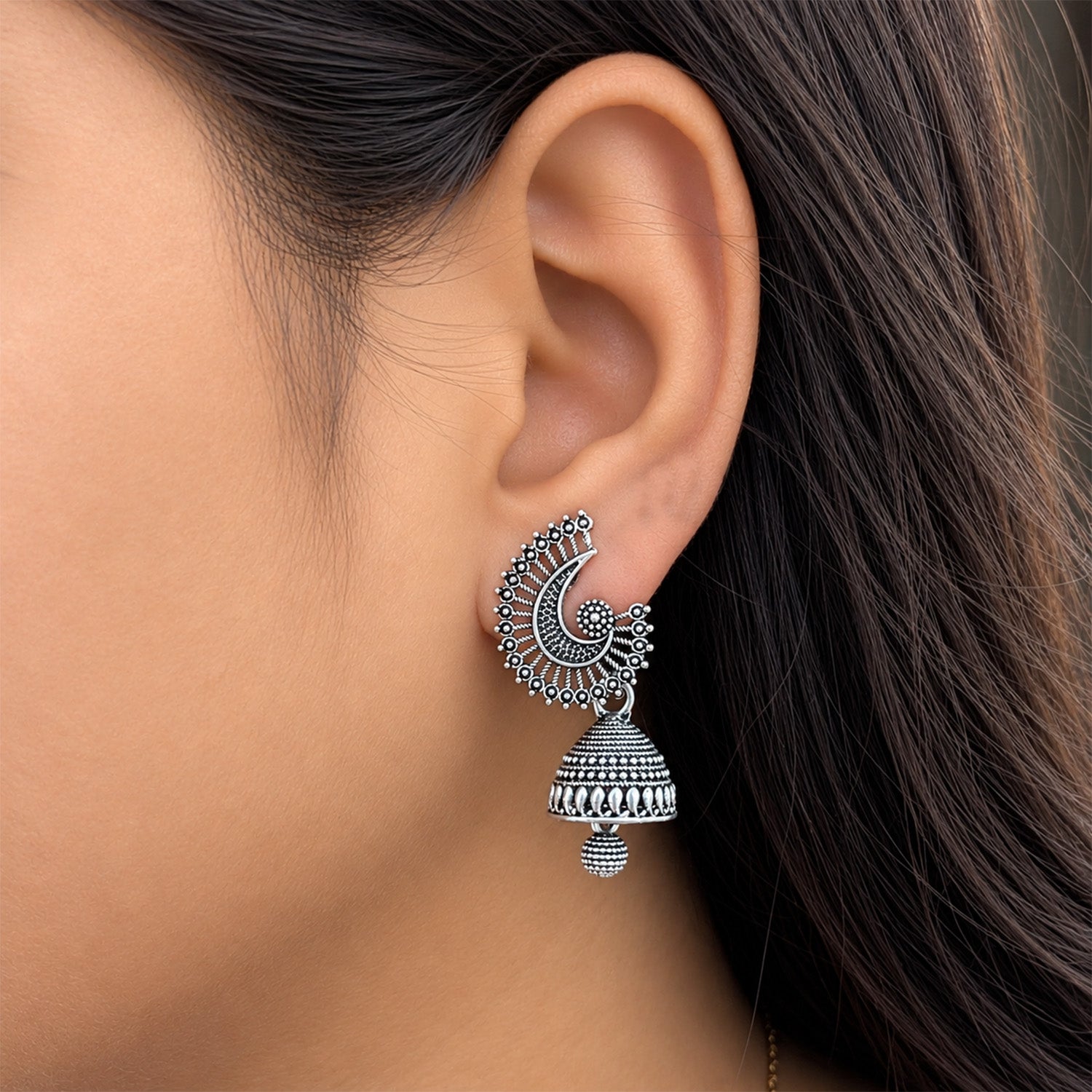 Oxidized Silver Peacock Jhumka Earrings for Women