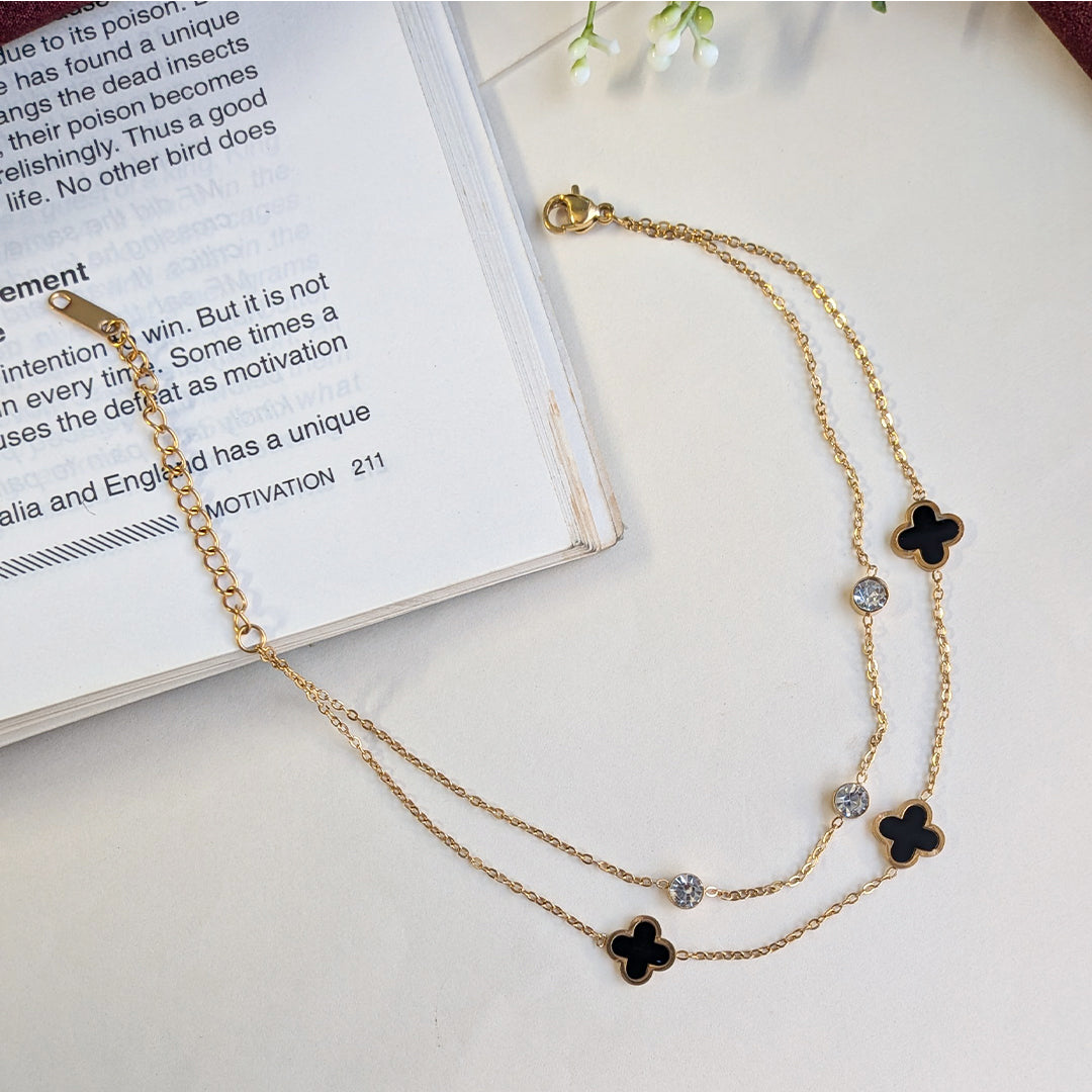 Gold Finish Clover Charm Anklet with Crystal Accents For Women & Girls