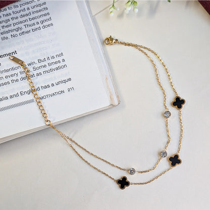 Gold Finish Clover Charm Anklet with Crystal Accents For Women & Girls