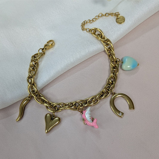 Gold Finish Dolphin & Horseshoe Charm Bracelet For Girls & Women (Anti-Tarnish)