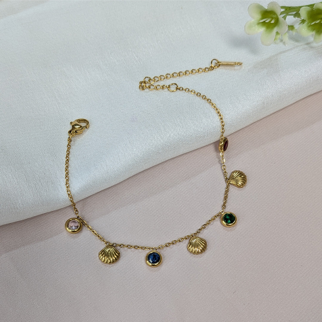 Gold Finish Multi-Stone & Textured Shell Charm Bracelet For Girls & Women (Anti-Tarnish)