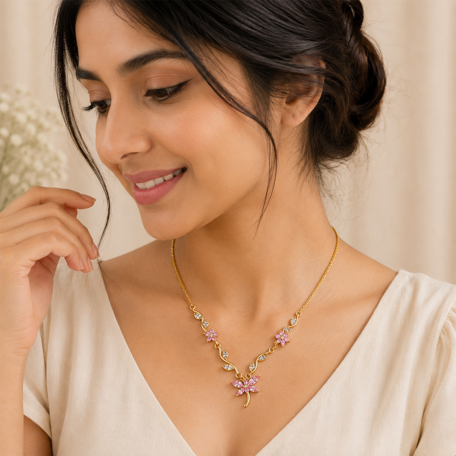 Butterfly Floral CZ Accented Pendant Necklace For Girls & Women's