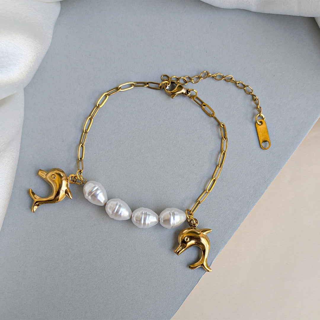 Gold Plated Dolphin & Freshwater Pearl Charm Bracelet for Girls & Women