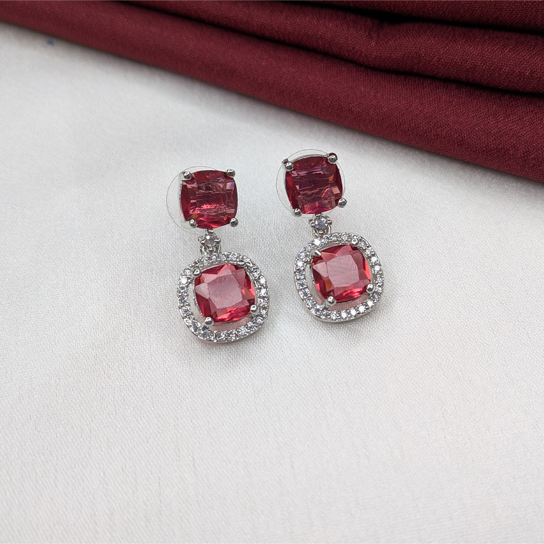 Silver Finish Elegant Cushion Cut AD Stone Drop Earrings for Girls & Women