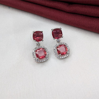 Silver Finish Elegant Cushion Cut AD Stone Drop Earrings for Girls & Women