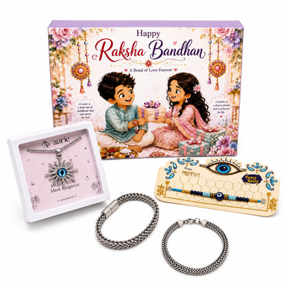 Rakhi with Stylish Pendant Necklace & 2 Trendy Bracelets Gift Box