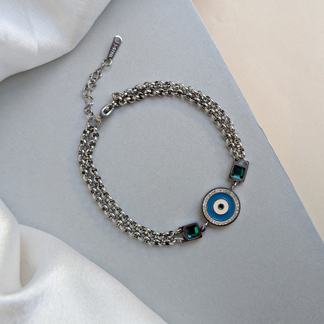 Silver Tone Evil Eye Bracelet with Green Stone Accents For Girls & Women