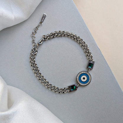 Silver Tone Evil Eye Bracelet with Green Stone Accents For Girls & Women