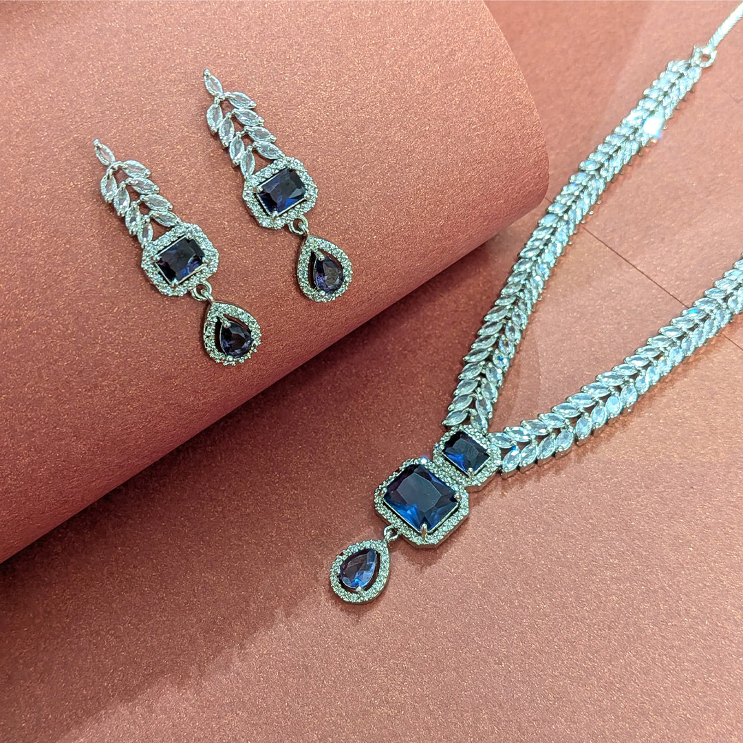 AD Luxe Square & Teardrop Gemstone Necklace With Matching Earrings For Women