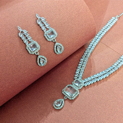 AD Luxe Square & Teardrop Gemstone Necklace With Matching Earrings For Women