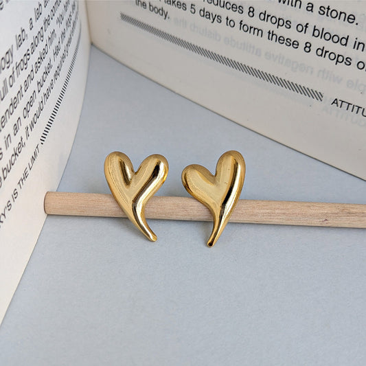 Gold Plated Sculpted Heart Stud Earrings For Girls & Women (Anti Tarnish)