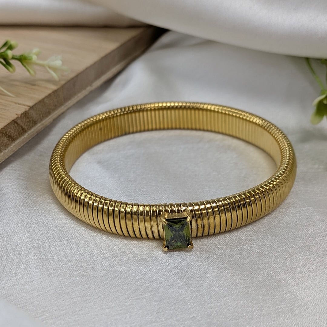 Gold Finish Kada Style Coil Bracelet With Cubic AD Stone For Girls & Women