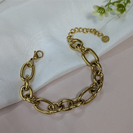 Gold Finish Thick Twisted Oval Link Bracelet For Girls & Women (Anti-Tarnish)