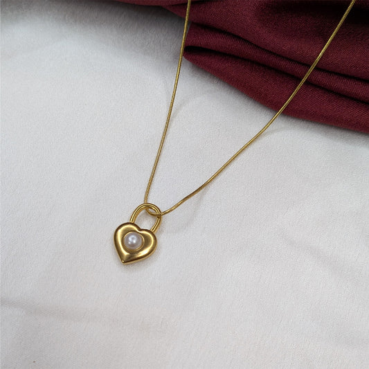 Gold Finish Heart Lock Pendant Necklace with Pearl Accent for Women
