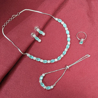Silver Finish Oval AD Stone Jewellery Set with Earrings, Bracelet & Ring for Girls & Women