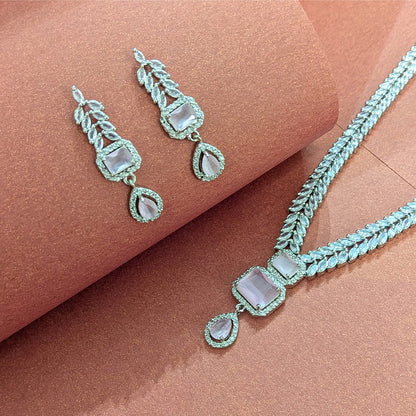 AD Luxe Square & Teardrop Gemstone Necklace With Matching Earrings For Women