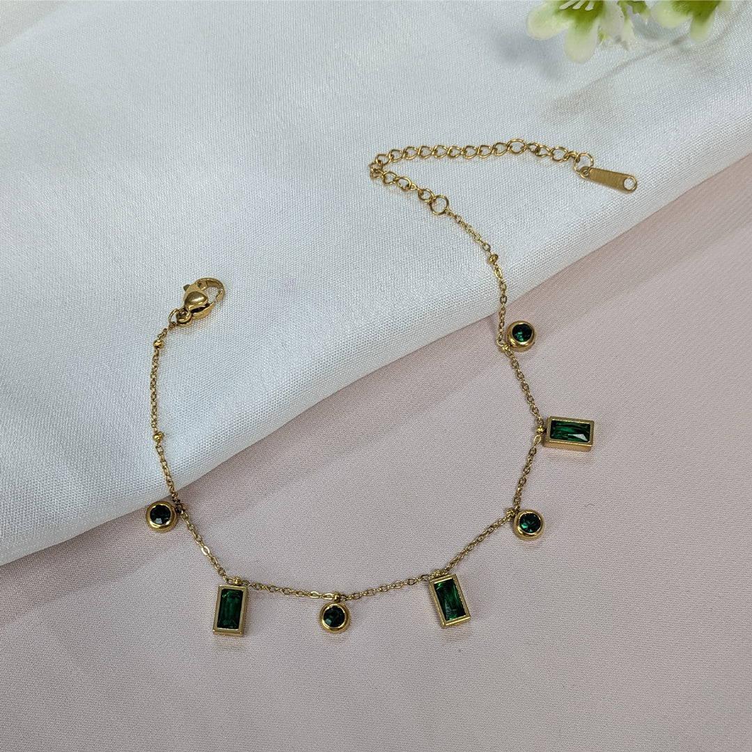 Gold Finish Rectangular & Round Gems Accent Chain Bracelet For Women (Anti-Tarnish)