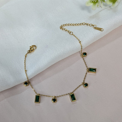 Gold Finish Rectangular & Round Gems Accent Chain Bracelet For Women (Anti-Tarnish)