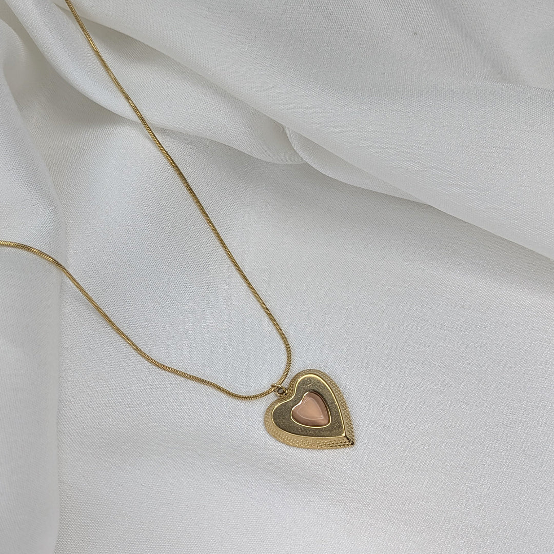Gold Plated Dual Heart Pendant with Pink Stone for Women