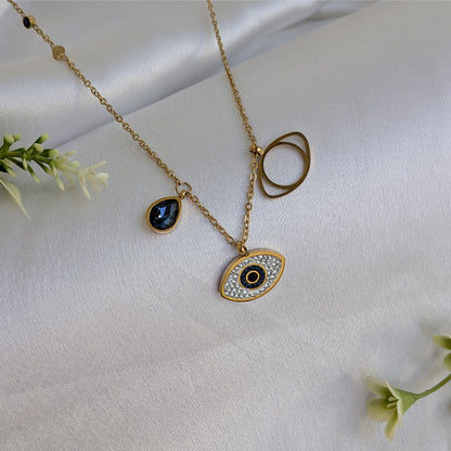 Gold Plated Zirconia Studded Evil Eye Protection Pendant with Teardrop Accent For Girls & Women