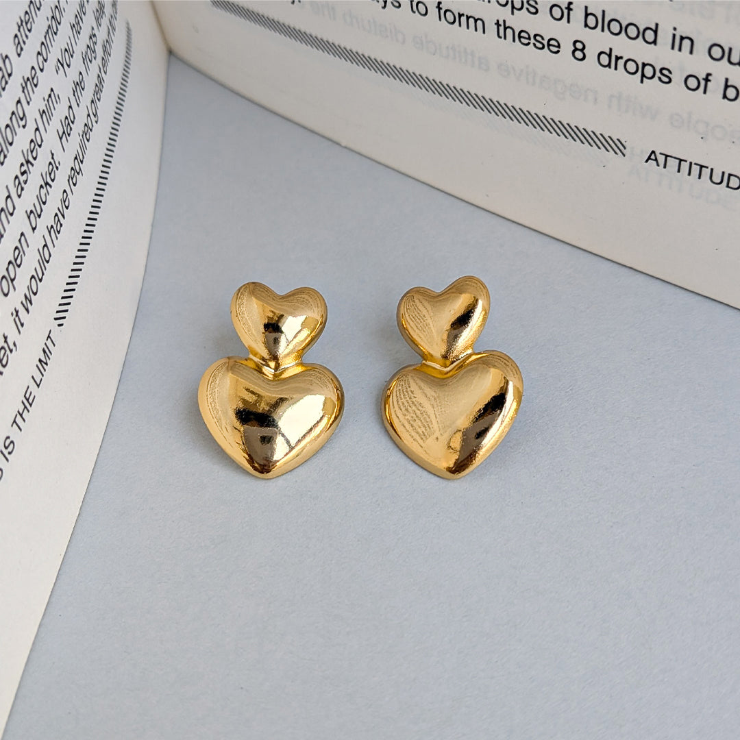 Double Heart Gold Tone Stud Earrings For Girls & Women (Anti Tarnish)