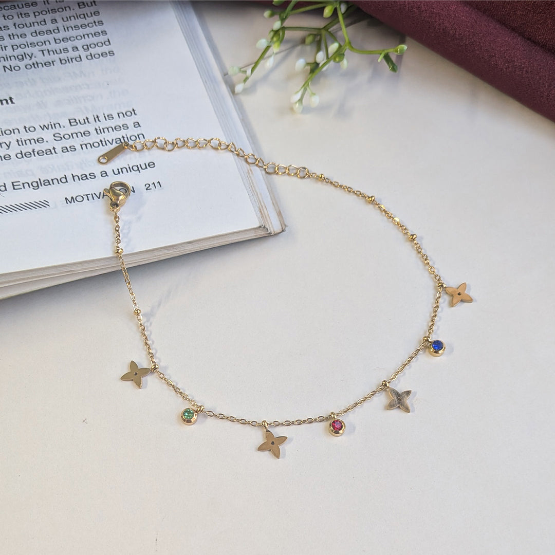 Gold Tone Star Charm Anklet with Multicolor Stone Accents For Women & Girls