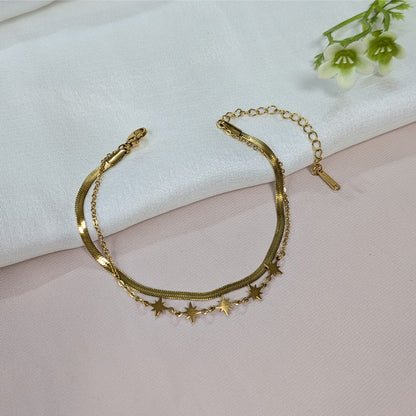 Gold Finish Dual Layered Star Charm & Flat Snake Chain Bracelet for Women (Anti-Tarnish)