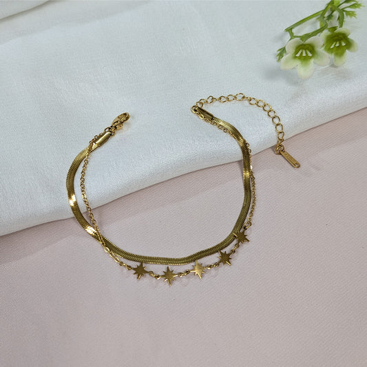 Gold Finish Dual Layered Star Charm & Flat Snake Chain Bracelet for Women (Anti-Tarnish)