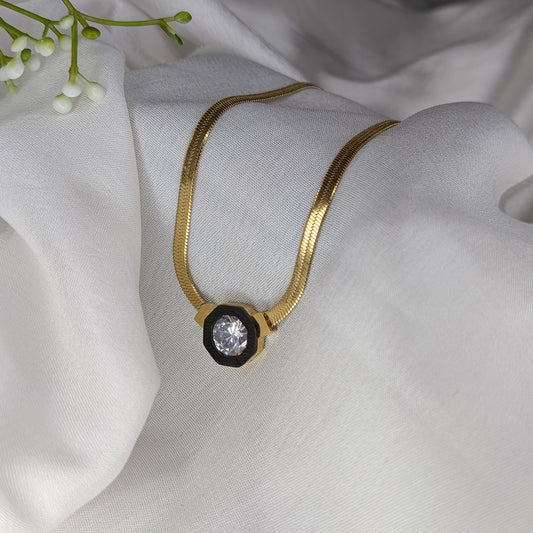 Gold Plated Geometric Snake Chain Round Crystal Pendant for Women & Girls