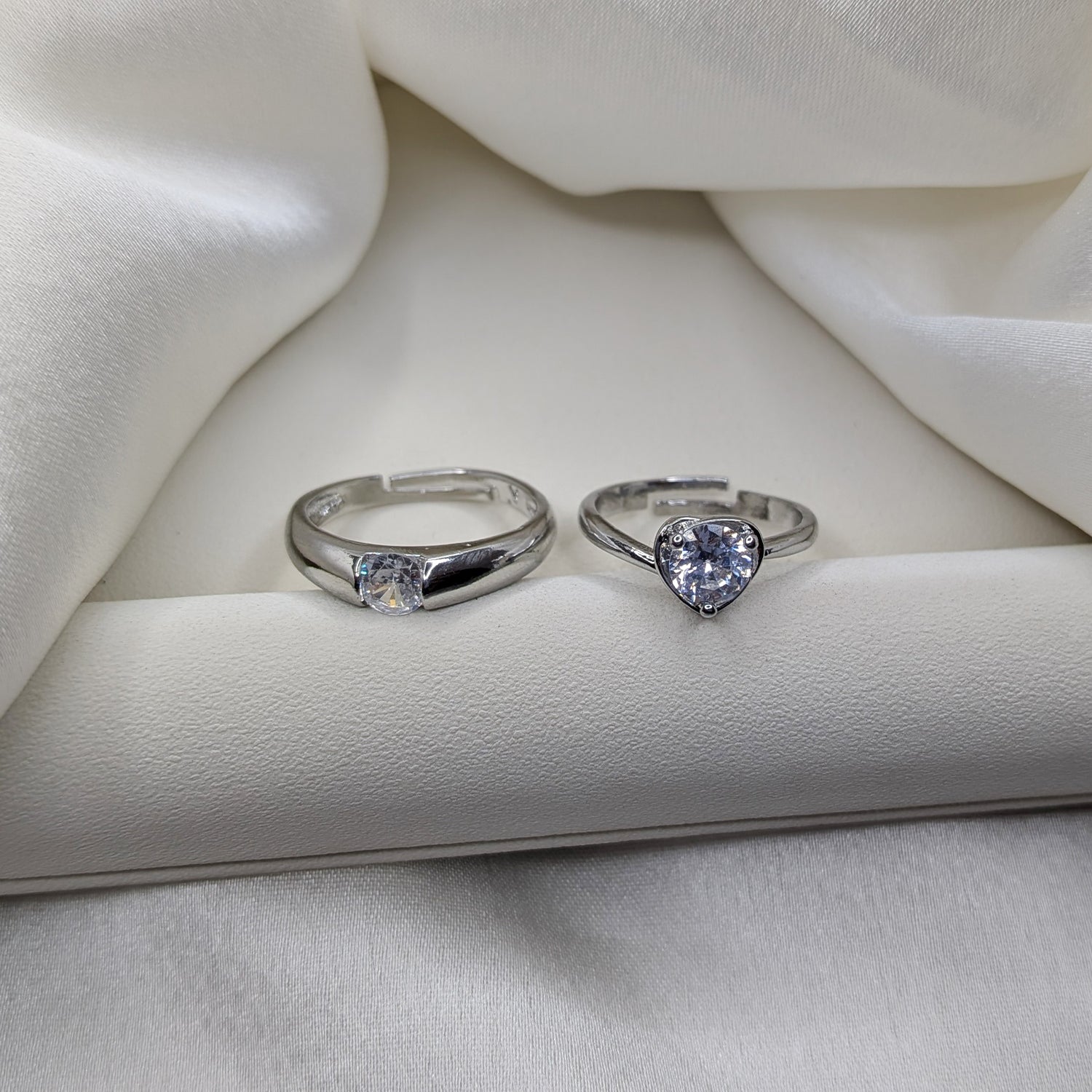 Heart & Solitaire Couple Ring Set with American Diamond