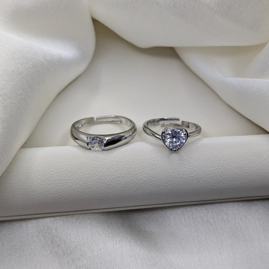 Heart & Solitaire Couple Ring Set with American Diamond