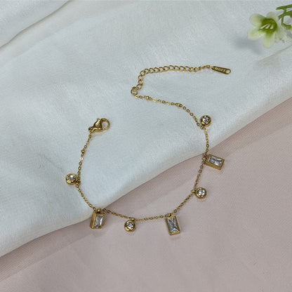 Gold Finish Rectangular & Round Gems Accent Chain Bracelet For Women (Anti-Tarnish)